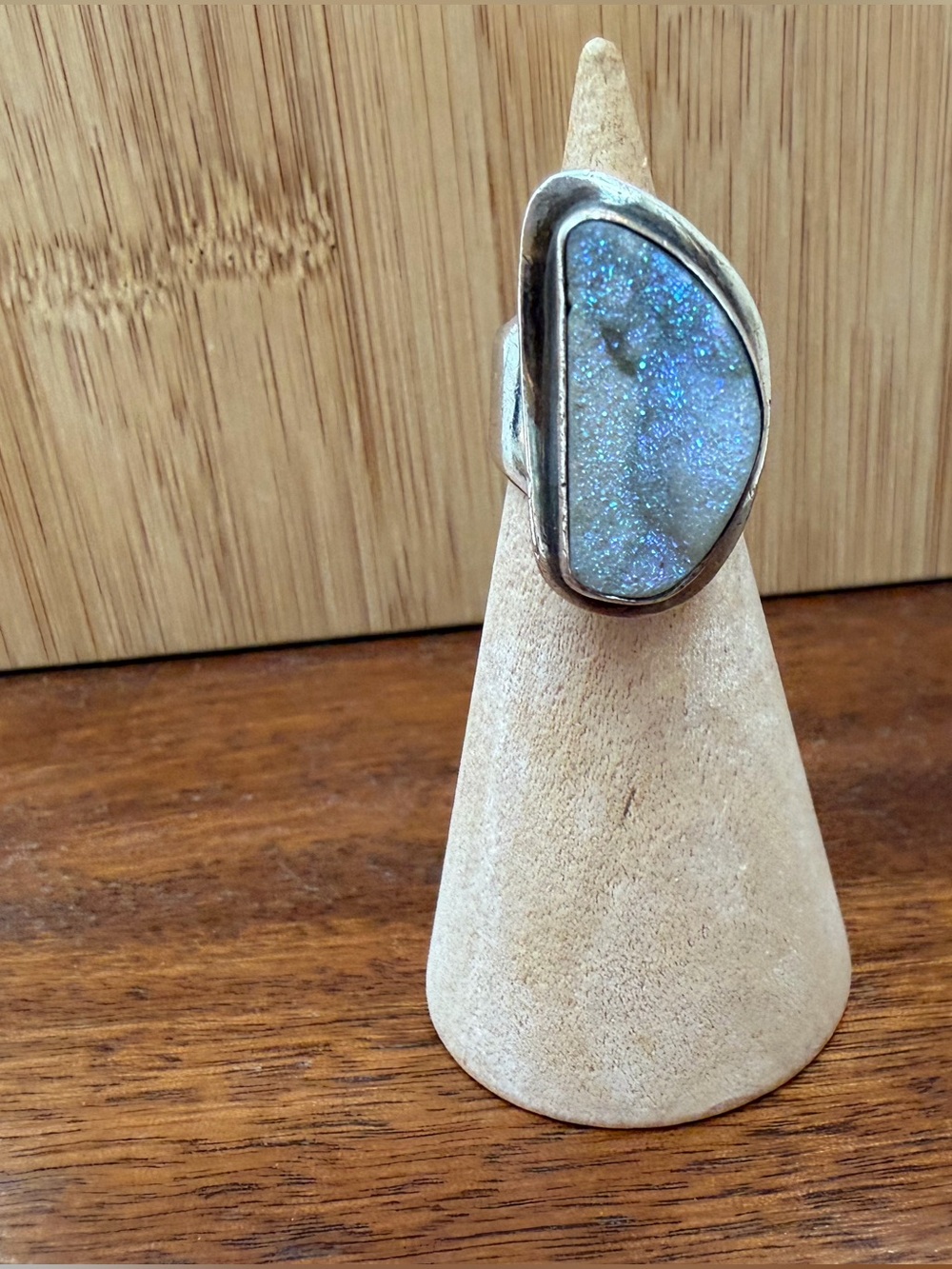 Asymmetrical Blue Druzy Sterling Silver Statement Ring - Wide Band Size 5 / 5.5